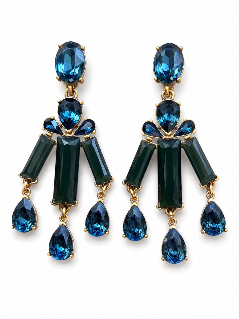 Gorgeous Oscar de la Renta Gold & Navy Crystal Chandelier Earrings